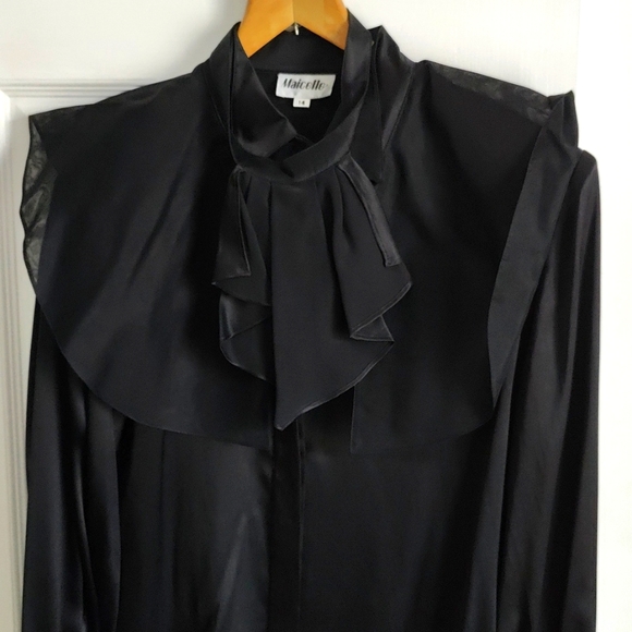 Women's Elegant 100% silk Stand Collar Blouse with detachable ruffle tie - Picture 2 of 8